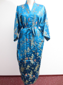 Schitterende lange turquoise brokaat unisex kimono met draken one size