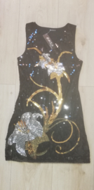 Geweldig glitterjurkje met elegante zilveren/gouden bloemen damesmaat S/M