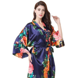 Prachtige kobalt kimono met oranje en roze rozenprint