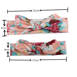 Moeder + dochter setje haarbanden met strik roze met bloemen