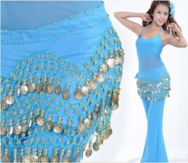 Leuke turquoise chiffon heupsjaal gouden muntjes