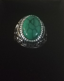 Nr. 4 Tibetaans zilveren ring met ovale groene steen maat 18