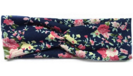 Superleuke knoop haarband donkerblauw met bloemetjes