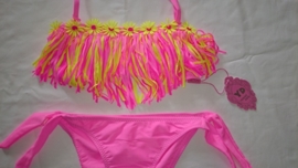 Super hippe roze fringe bikini met gele bloemetjes