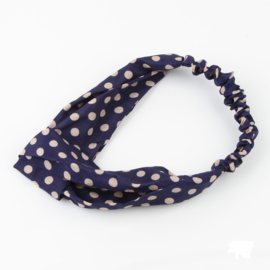 Superleuke knoop haarband met elastiek donkerblauw met witte stippen