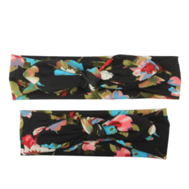 Moeder + dochter setje haarbanden met strik zwart met bloemen