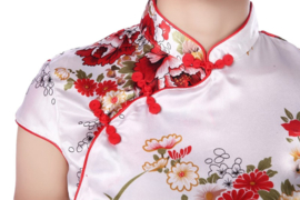 Bijzonder mooi Chinees jurkje wit met rode Chinese knoopjes en bloemenprint t/m maat 40