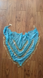 Prachtige ruime chiffon heupsjaal/omslagdoek met gouden muntjes turquoise