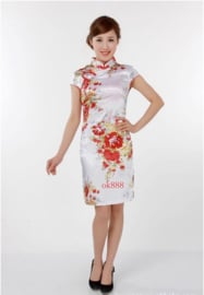 Bijzonder mooi Chinees jurkje wit met rode bloemenprint maat 34 t/m 48