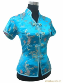 Elegant turquoise Chinees blousje met Chinese voorsluiting drakenmotief
