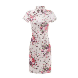 Prachtig Chinees zomerjurkje wit met roze/lila/paarse bloemen 