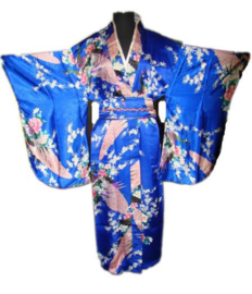 Beeldschone Geisha kimono dress met obi kobaltblauw met pauwenprint