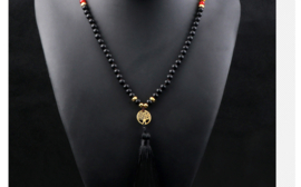 Mala / chakra unisex gebedsketting Onyx met levensboom en kwastje