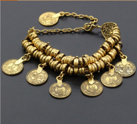 Prachtige BOHO dubbele armband / enkelband met muntjes goud