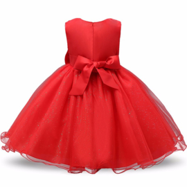 Schitterende luxe feestjurk met rozen en sparkle rok rood maat 140/146