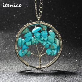 Prachtige metalen amulet ketting Tree of Life Turkoois
