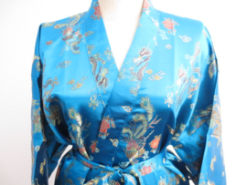 Schitterende lange turquoise brokaat unisex kimono met draken one size