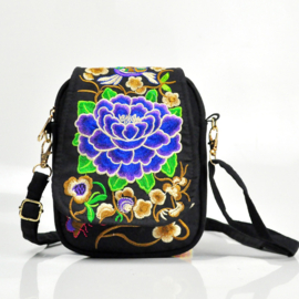 Leuk èn handig geborduurd schoudertasje met dubbele rits donkerblauwe lotusbloem
