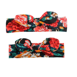 Moeder + dochter setje haarbanden met strik zwart oranje/rode/roze bloemen