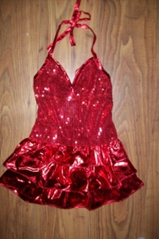 Mooi halter glitterjurkje met glans strokenrokje rood maat 10 = 128/134