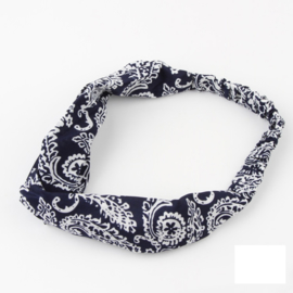 Superleuke knoop haarband met elastiek donkerblauw/wit