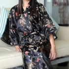 Schitterende lange zwarte brokaat unisex kimono met draken one-size