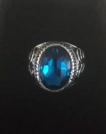 Nr. 12 Tibetaans zilveren ring met ovale blauwe facetsteen maat 20