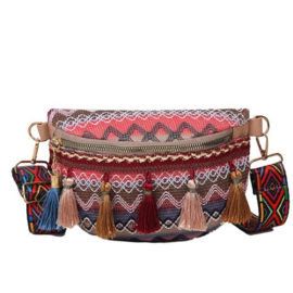 Superleuk crossbody Ibiza tasje met klosjes roodbruin