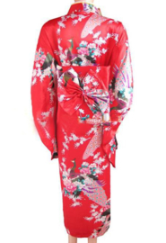 Beeldschone Geisha kimono dress met obi rood met pauwenprint