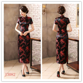 Elegante lange zwart/rode Chinese jurk pruimenbloesem motief t/m maat 48!