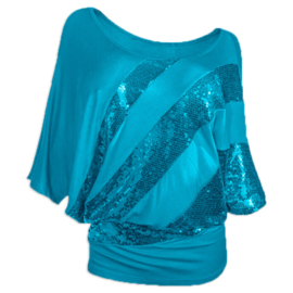 Hippe turquoise "vleermuis" paillettentop voor meiden maat 158/164/XS/S