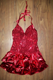 Mooi halter glitterjurkje met glans strokenrokje rood