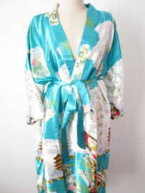 Fantastische lange turquoise dameskimono met Geisha