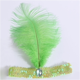 Elastieken pailletten haarband met veer groen