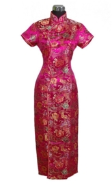 Schitterende lange Chinese "10 button" jurk fuchsia