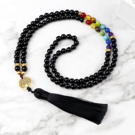 Mala / chakra unisex gebedsketting Onyx met levensboom en kwastje