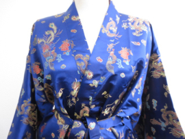 Schitterende lange kobaltblauwe brokaat unisex kimono met draken one-size