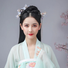 Prachtige set Aziatische Hanfu haaraccessoires en oorbellen met lichtblauwe/witte bloemen B