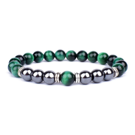 Geweldige BESCHERM armband model 2 groene tijgeroog/hematiet 8mm/19cm