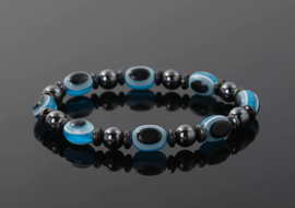 Geweldige BESCHERM armband met "Boze Oog" en hematiet kralen 8mm/19cm lichtblauw