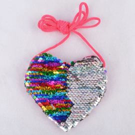 Superleuk glitter pailletten tasje hart multicolor/zilver