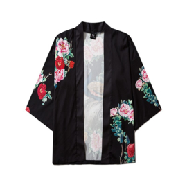 Haori met kleurrijke pauw en bloemen zwart