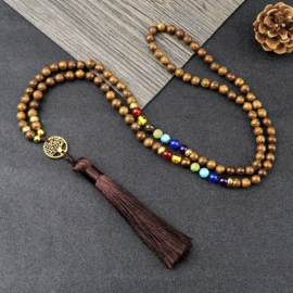 Mala / chakra unisex gebedsketting Sandalwood met levensboom en kwastje