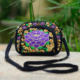 Prachtig 3-vaks aan beide zijden geborduurd schoudertasje met paarse lotusbloem
