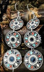 Antiek zilver met emaille oorbellen 3 cirkels donkerblauw A42