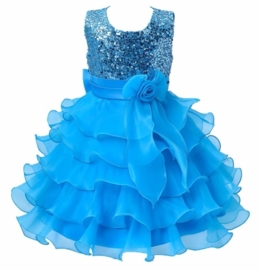 Superfeestelijke jurk met pailletten lijfje met gelaagde rok met strik turquoise maat 140/146