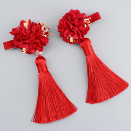 Superleuk setje èchte chinese haarclips met rode bloem en kwastje