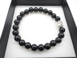 Prachtige armband van geslepen 8 mm zwarte Onyx kralen en Boeddha in geschenkdoosje