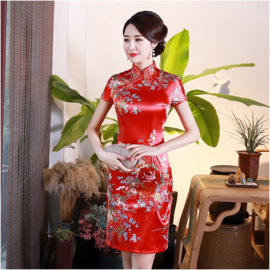 Bijzonder mooi Chinees jurkje rood met bloemenprint maat 34 t/m 48!