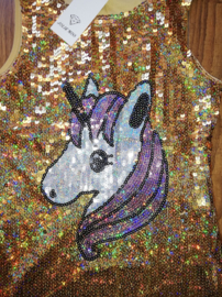 Zo leuk dit gouden holografische glitter paillettenjurkje met UNICORN! mt 92 t/m 116